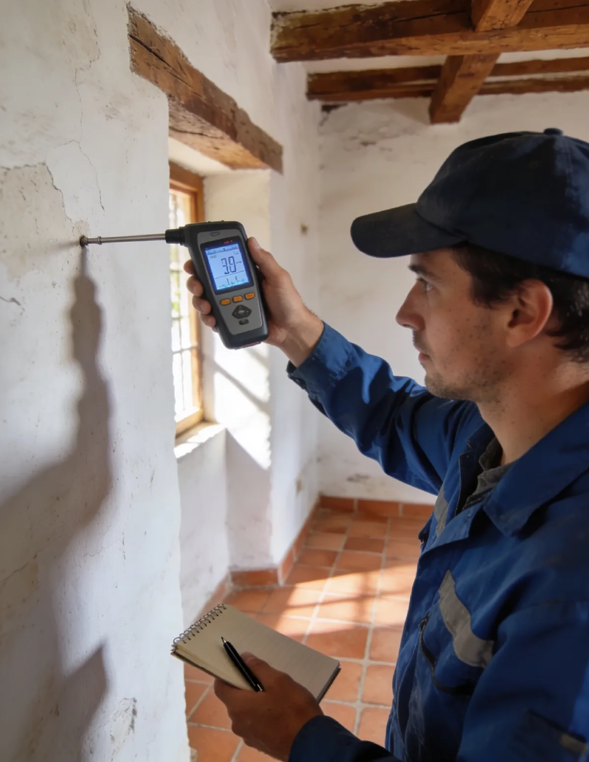 Técnico HUMIX midiendo la humedad de un muro antiguo en Llodio